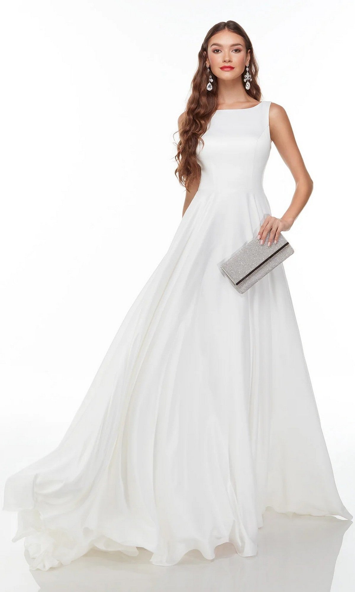 Woman wearing the Alyce 7053 Long White Dress in Diamond White, featuring a sleeveless A-line silhouette, as she holds a silver clutch against a white background.